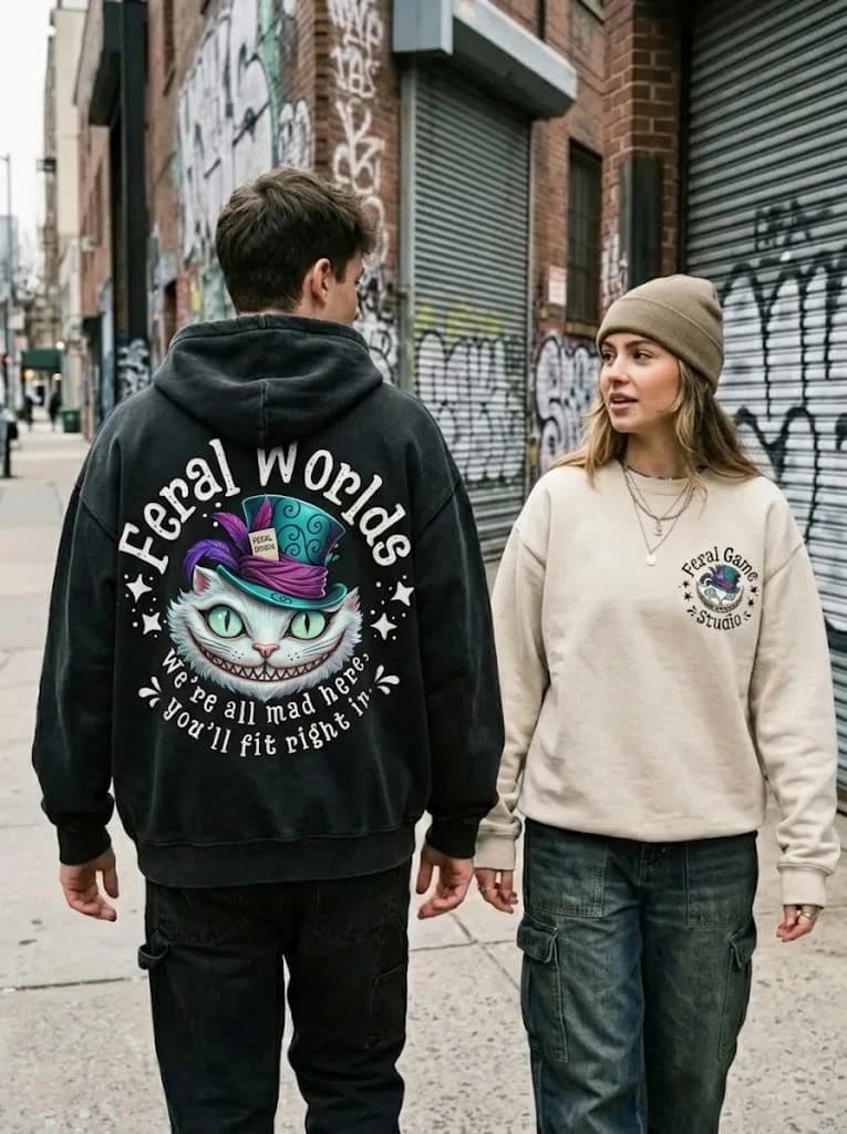 Feral Worlds Cheshire cat hoodie and Feral Game Studio crewneck apparel concept